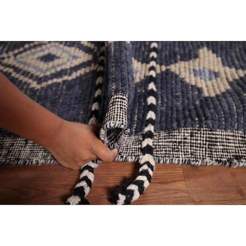 Geometric Blue Moroccan Oriental Area Rug Hand-Knotted Wool Carpet - 7'9" x 12'9"
