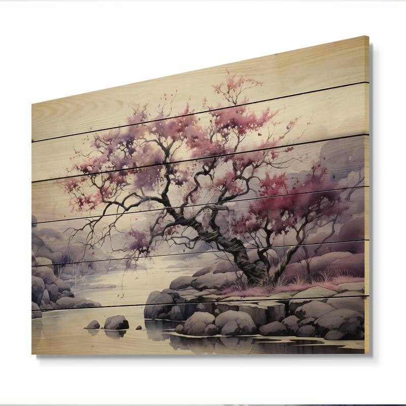Designart "Purple Tree Dusk Symphony Landscape II" Landscape Trees Print on Natural Pine Wood