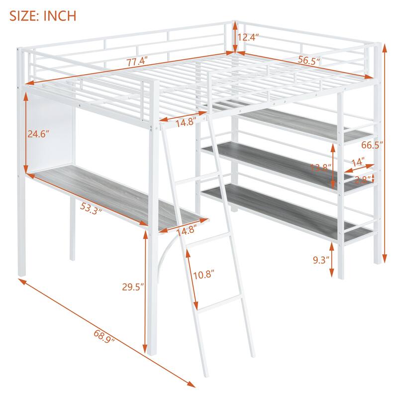 Stylish Twin Size Loft Metal Bed with Shelves, Desk, and Whiteboard - Space-Saving Metal Frame Bed for Work and Play