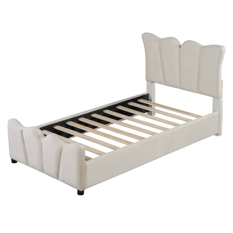 Velvet Upholstered Platform Bed with Distinctive Headboard and Footboard