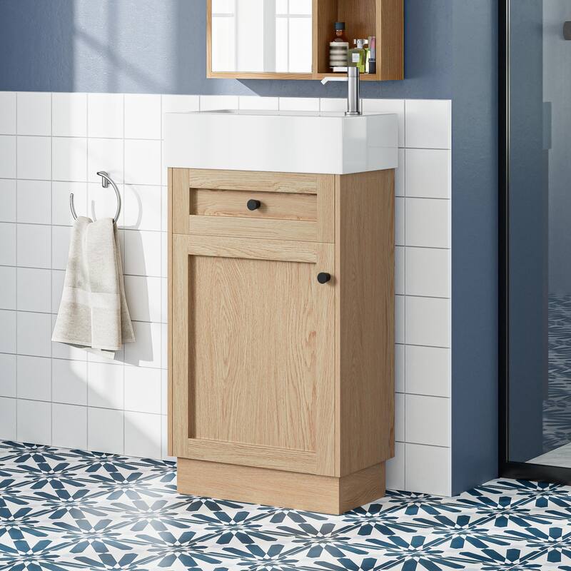 18.5"Bathroom Vanity with Resin Sink, MDF Cabinet with Adjustable Shelf, Wood Grain Melamine Finish, Reversible Door