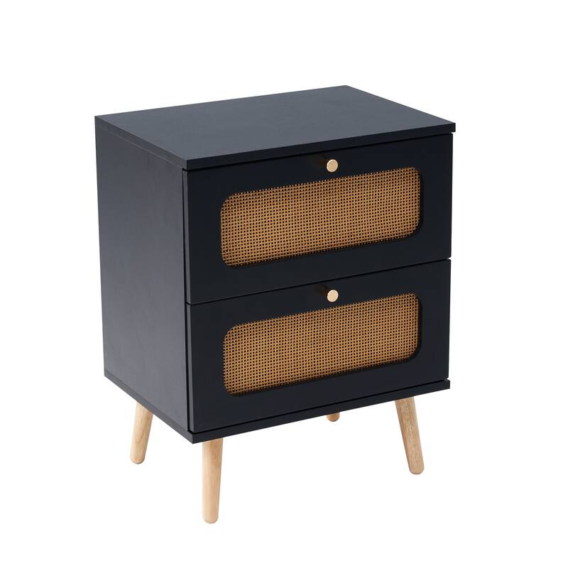 Black-Brown Rattan Nightstand with 2 Drawers and Solid Wood Legs