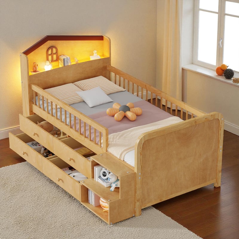 Twin Size Low Loft Bed with LED Light, Wooden Kids Loft Bed with Storage Drawers and House Headboard - Natural - Twin