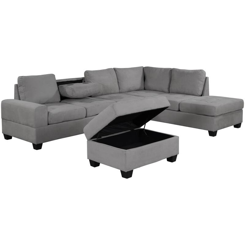 Modern Sectional Sofa with Reversible Chaise, L Shaped Couch Set with Storage Ottoman and Two Cup Holders