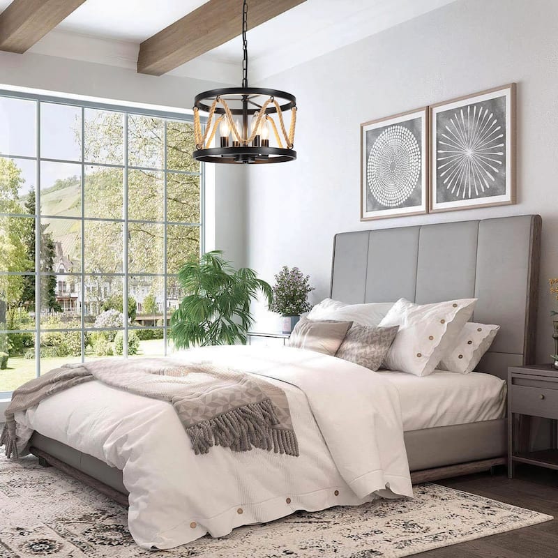 4-Light Drum-shaped Chandelier with Hemp Rope for Kitchen Living Room