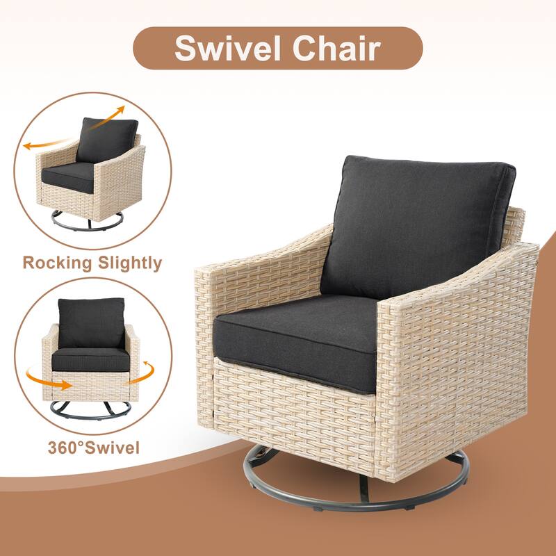 HOOOWOOO Outdoor 3-piece Rattan Wicker Swivel Rocking Chair Set with Wood Burning Fire Pit