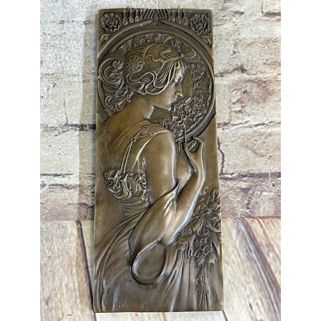 Art Noveau Female Woman Portrait Bas Relief Bronze Sculpture Carving Hanging Art 9.5 Inches X 4 Inches