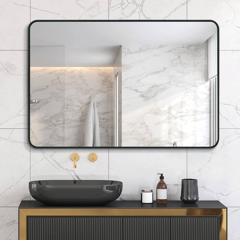 GDFStudio - Luxe Contemporary Oversized Rectangular Metal Bathroom Vanity Wall Mirror with Wide Reflective Surface - 30" x 40"