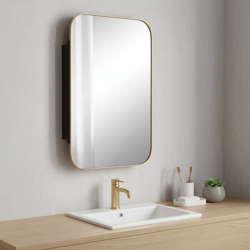 HomeRoots 24" Gold Metal Framed Bathroom Vanity Mirror With Cabinet - 16.00 in. x 24.00 in. x 2.00 in. - 16.00 in. x 24.00 in. x 2.00 in.