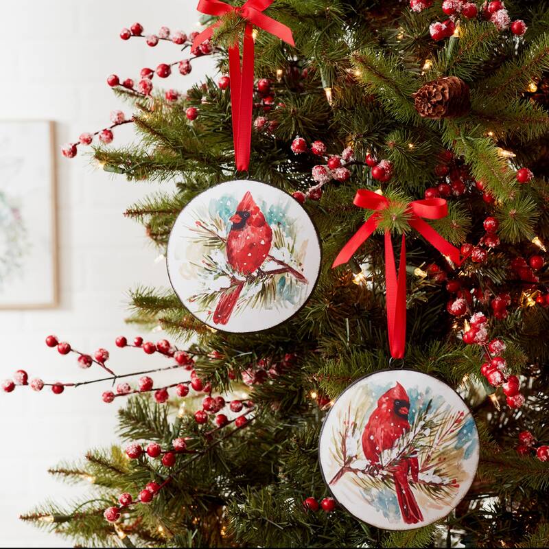 12ct Cardinal on Pine Christmas Disc Ornaments 5.75"