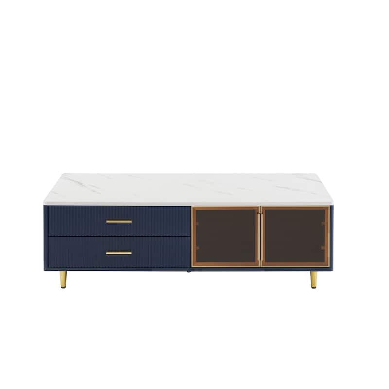 Modern 47.2" Coffee Table with 2 Glass Door Storage, 4 Drawers, Wooden Decorative Cocktail Table with Gold Metal Legs