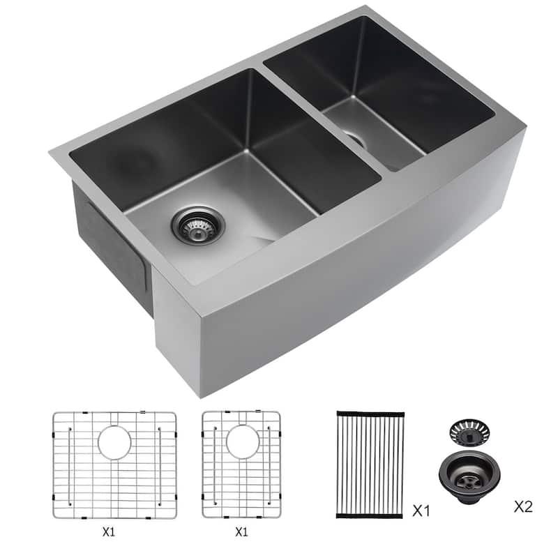 36-inch Black 16 Gauge Stainless Steel Apron-Front Double Bowl Kitchen Sink