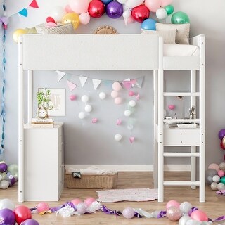 Twin Size Teddy FleeceLoft Bed Wood Bed,Storage Shelf, Drawers, and Desk,Convertible Desk,Soft Padding and Plush Fabric,White