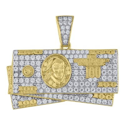 Curata 925 Sterling Silver Yellow tone CZ Cubic Zirconia Simulated Diamond 100 Dollar Bill Cash Mens Pendant Necklace Jewelry Gi