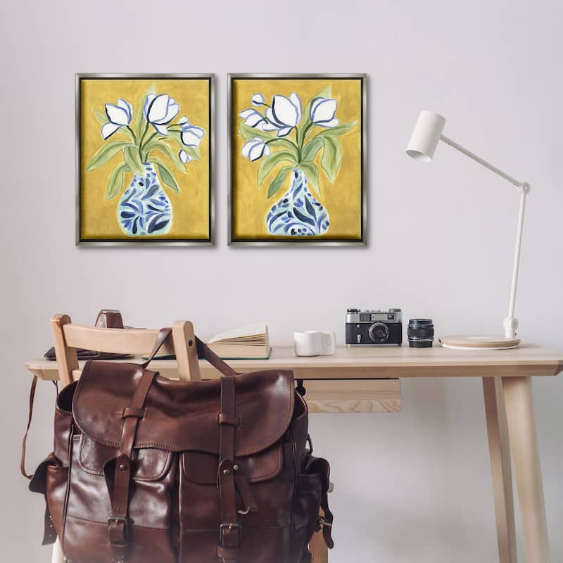 Stupell Tulip Vases on Yellow Framed Floater Canvas Wall Art Design By June Erica Vess (Set of 2)
