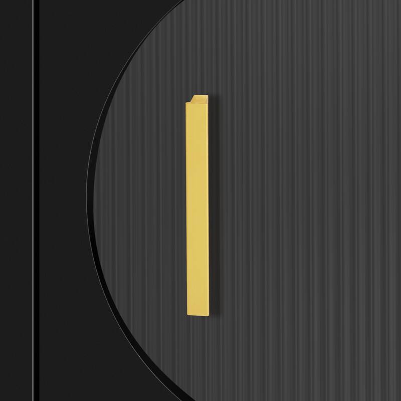 Modern TV Stand with Arched Shelves, Sliding Acrylic Door, Golden Metal Handles, and Ample Storage, Fits TVs up to 70 Inches.