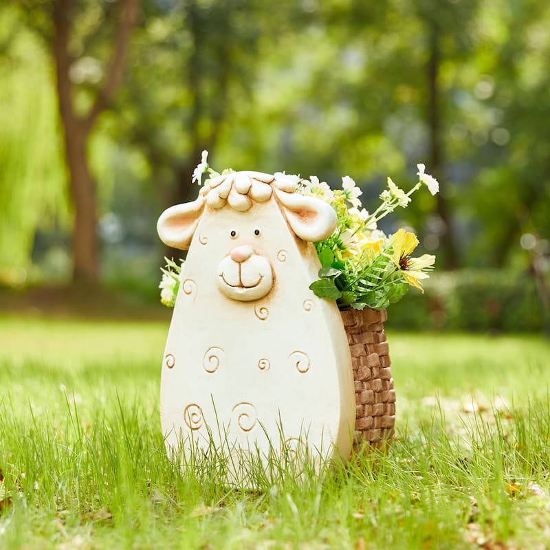 Glitzhome 13"H MGO Cute Sheep Cow Shape Statue Planter Pot Gift