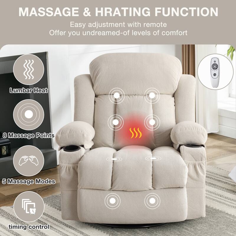 Massage Swivel Recliner Chair Sofa with USB and 2 Cup Holders & Heated