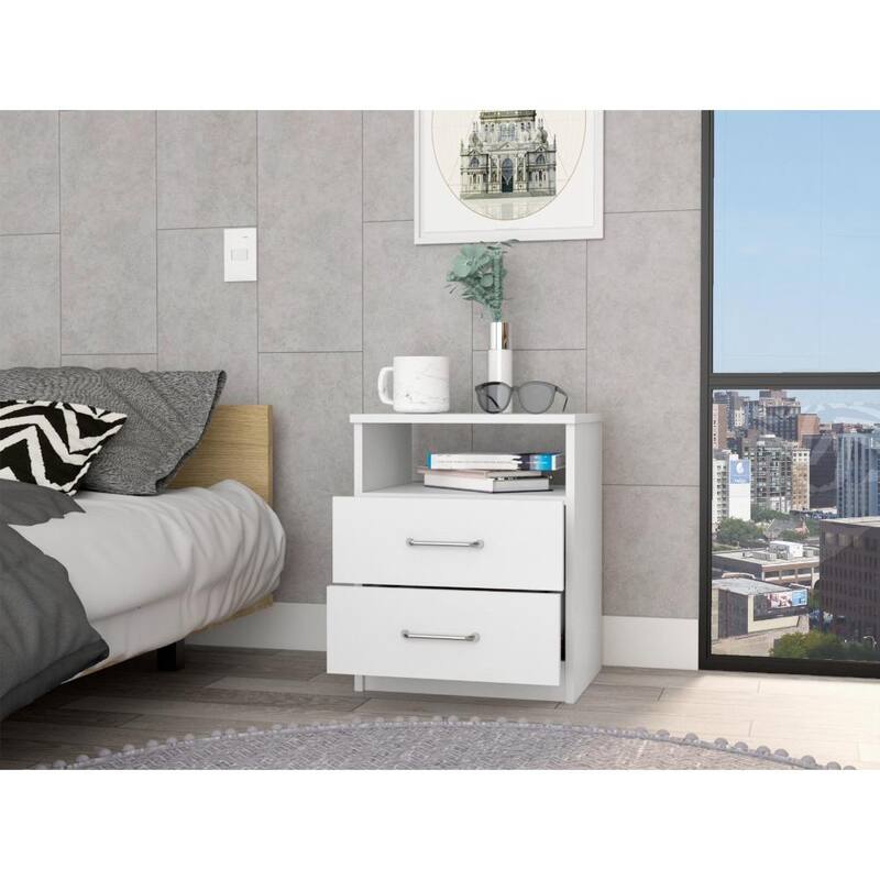 20-Inch White Nightstand with Two Drawers and Open Shelf