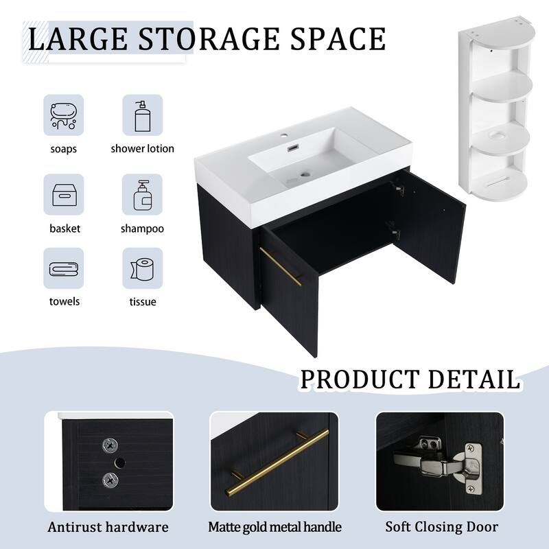 Wall mounted bathroom vanity with sink and storage shelf