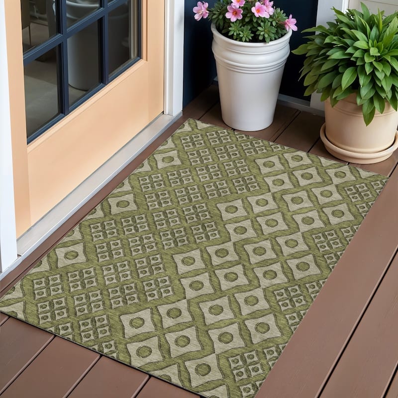Olive Green And Gray Geometric Washable Indoor Outdoor Area Rug - 3' x 5' - 3' x 5' - Green/Grey