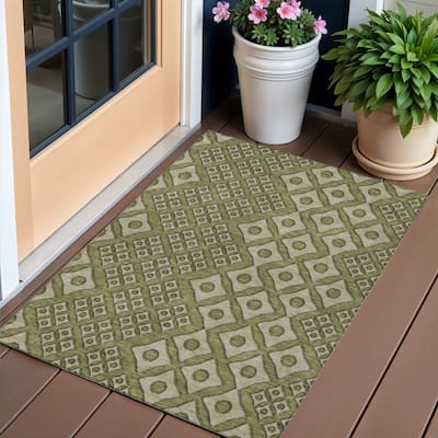 Olive Green And Gray Geometric Washable Indoor Outdoor Area Rug - 3' x 5'