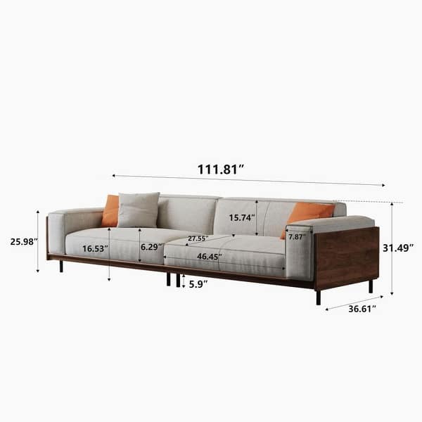 Mid-Century Modern 4 Seater Sofa Walnut Cotton Linen Upholstery, Removable Washable Covers, Deep Cushions with Pillows