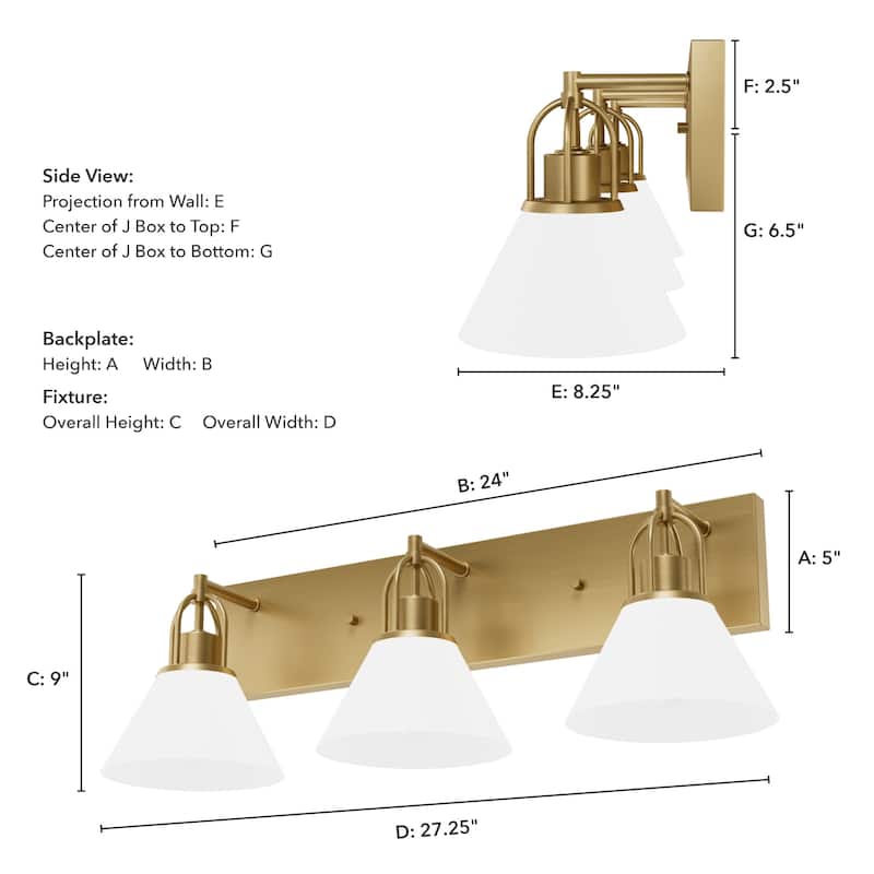 Hunter Carrington Isle Luxe Gold 3-Light Bathroom Vanity w/ Cased White Glass - Casual, Transitional - Designer