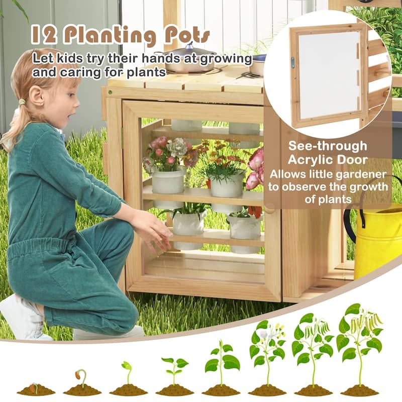 Natural Wooden Backyard Mud Kitchen for Kids with Real Water Play Sink Garden Cups and Cooking Set - 27" L x 11.5" W x 33.5" H