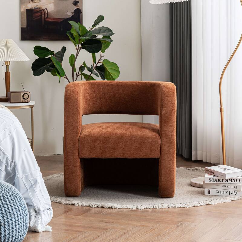 Set of 1 Square Barrel Shaped Boucle Upholstered Accent Armchair - Brown