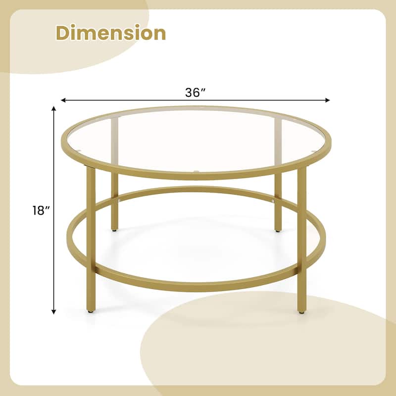 Tempered Glass Round Coffee Table with Metal Frame and 110 lbs Capacity - 35.5" x 35.5" x 18"