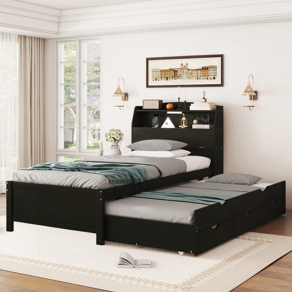 Innovative Twin Size Wooden Platform Bed with Multiple Storage Options