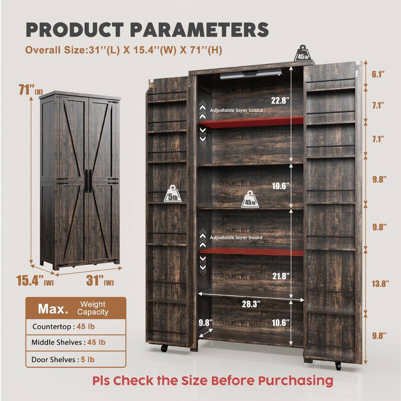 Smart LED Farmhouse Pantry Cabinet with Shelves