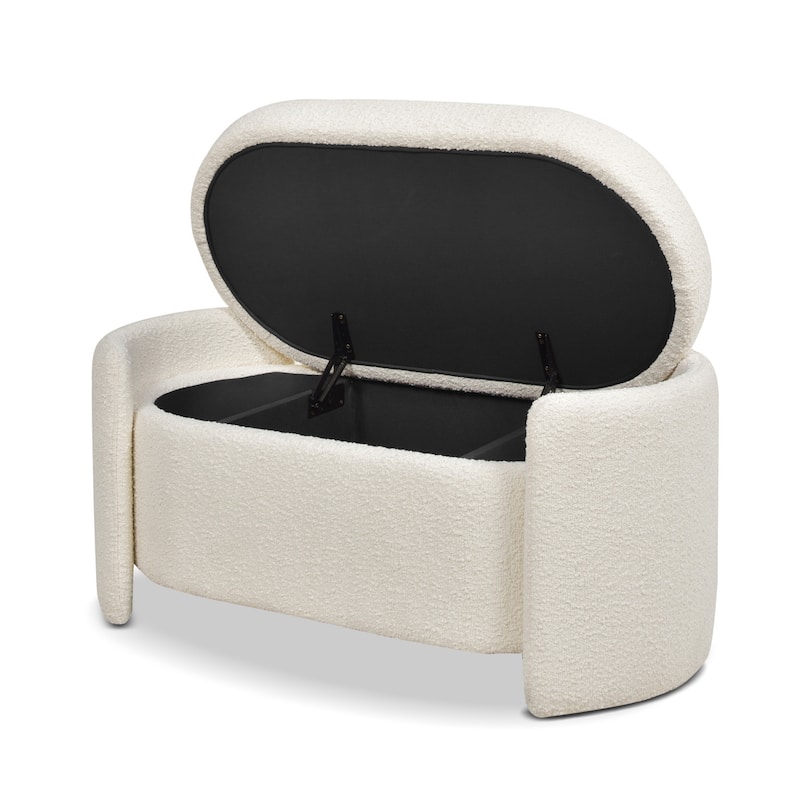 Fuji 43" Ivory White Boucle Sherpa Upholstered Oval Storage Bench - 43"W X 21"D X 18.5"H