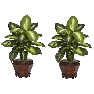 Dieffenbachia Silk Plants with Vase Set of 2 Home Decor Faux Greenery Indoor Plants - 1.71ft.