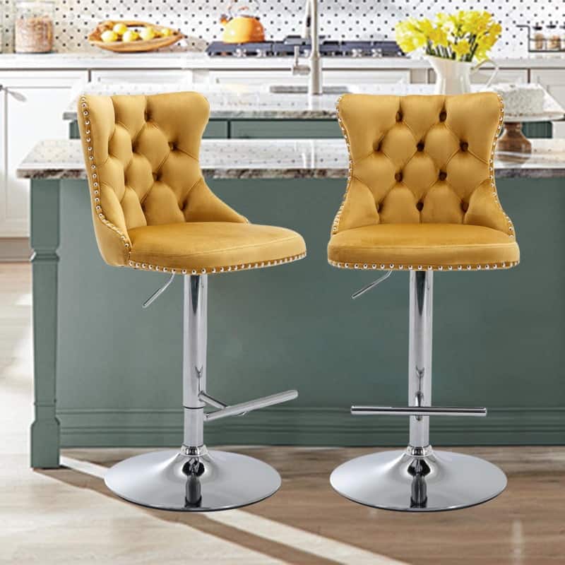 Velvet Upholstered Nailheads Tufted Swivel Bar Stools (Set of 2)