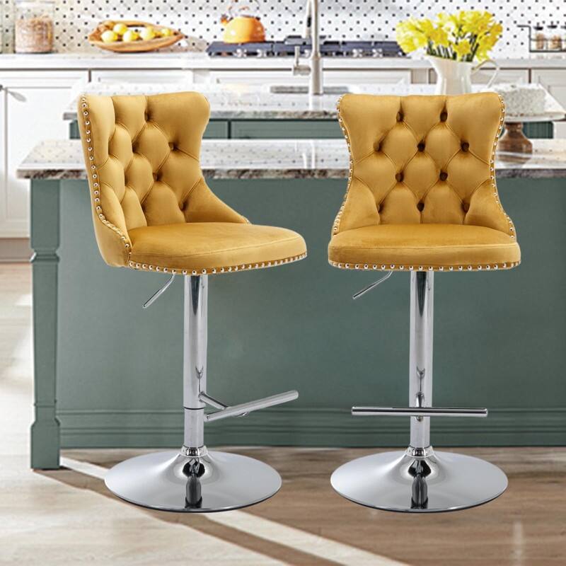 Velvet Upholstered Nailheads Tufted Swivel Bar Stools (Set of 6)