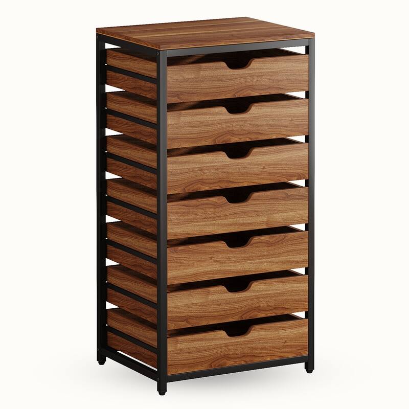 7-Drawer Storage Dresser Cabinet with Wheels Rustic Brown
