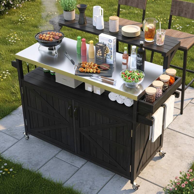 Outdoor Kitchen Island, Solid Wood Storage Cabinet with Stainless Steel Top and Lockable Wheels - Black
