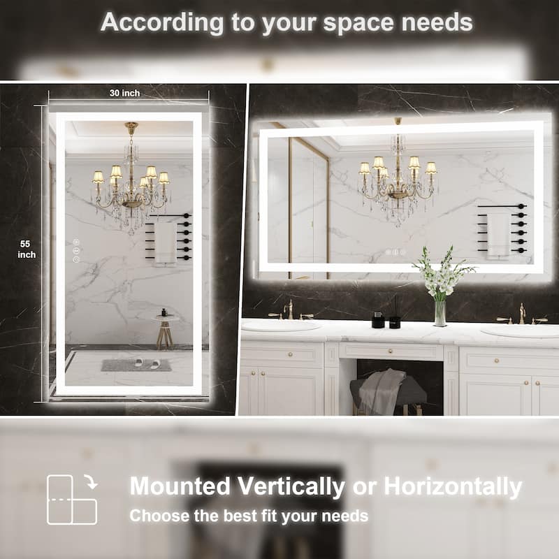 55 in. W x 30 in. H Large Rectangular Frameless Anti-Fog LED Light Wall Mounted Bathroom Vanity Mirror in White