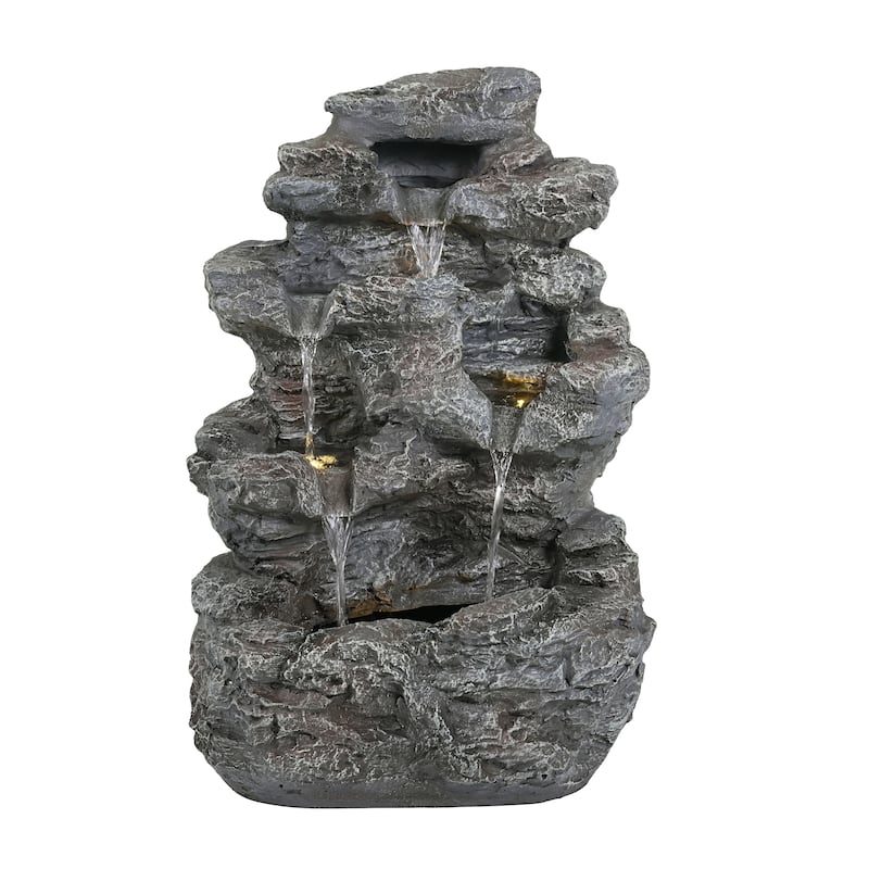 5-Tiered Concrete Tall Slim Fountain, 23.85"H -LED-Lit Column, Space-Saving Modern Outdoor Accent, All-Weather Resistant
