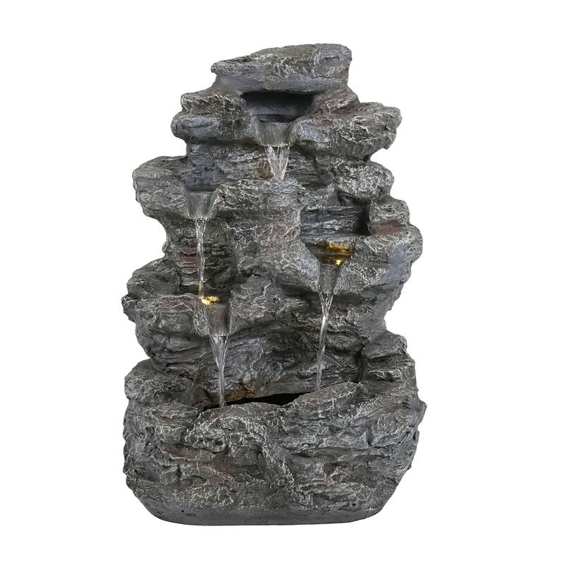 Roomfitters 24" 5-Tiered Tall Slim Concrete Outdoor Fountain with LED Lights, Space-Saving Faux Stone Column Water Feature, Gray
