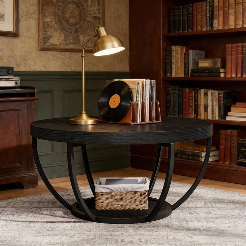 Round 2-Tier Wood Coffee Table with Metal Base for Living Room - Black