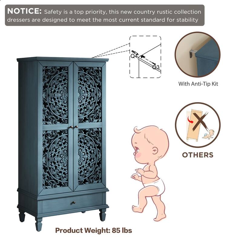 Carved Accent Cabinet Kitchen Pantry Cabinet with Doors, 55" Tall Storage Cabinet with Solid Wood Legs