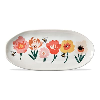 Bee Blossom Multicolor Oval Serving Platter - Ceramic, Dishwasher Safe, 15" L x 7" W x 1" H - Perfect for Summer Entertaining