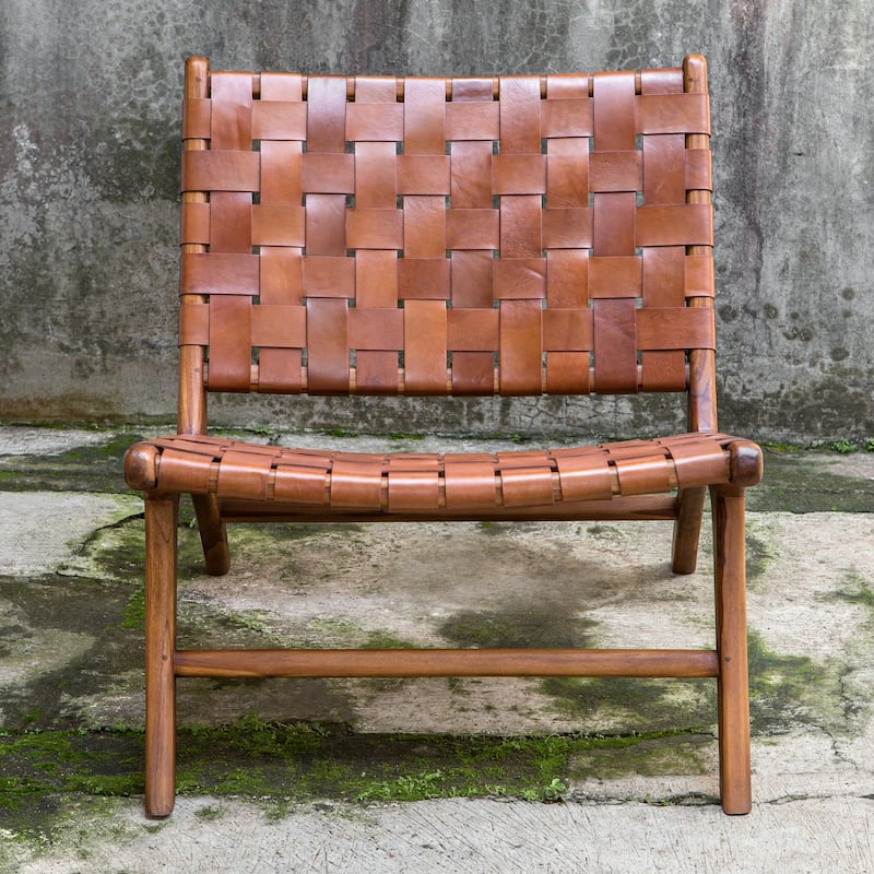 Woven Wooden Framed Leather Accent Chair - 30" - Brown