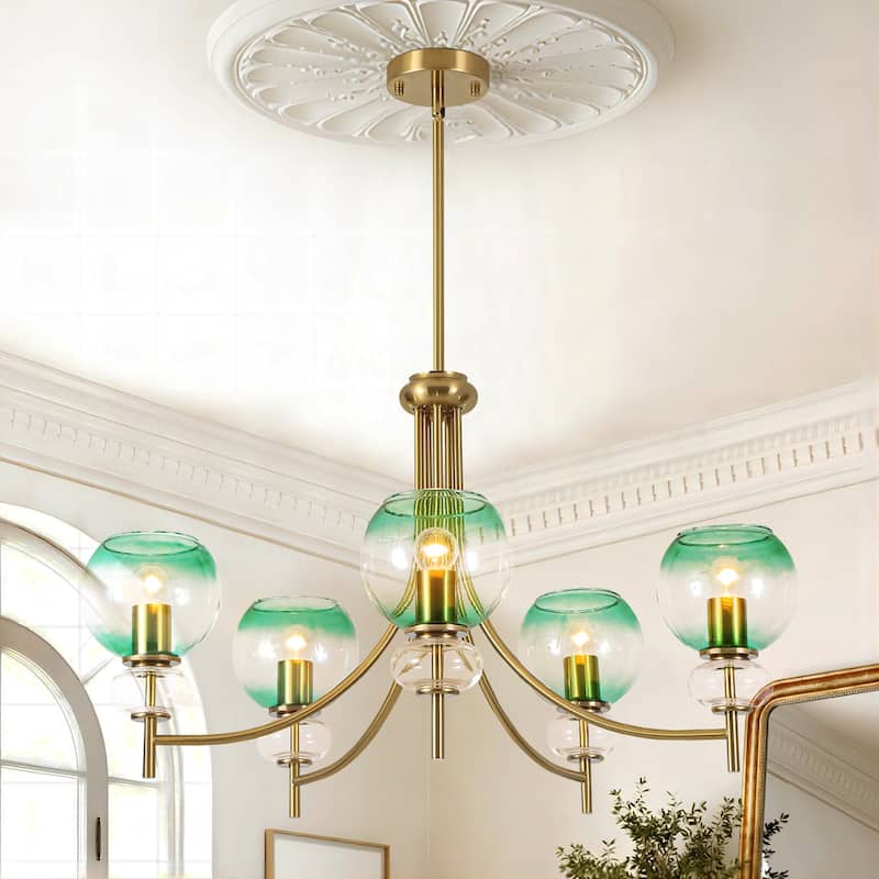 5-Light Mid-Century Modern Luxury Green Sputnik with Open/Bubble Glass Globe Shades Chandelier for Dining Room, Living Room - Open Glass Globe Shade