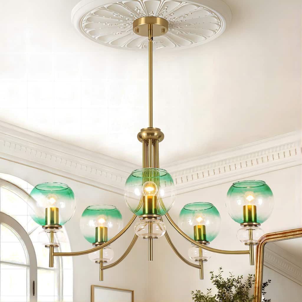 5-Light Mid-Century Modern Luxury Green Sputnik with Open/Bubble Glass Globe Shades Chandelier for Dining Room, Living Room