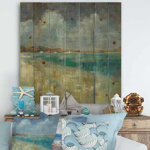 Designart 'Sky and Sea' Nautical & Coastal Print on Natural Pine Wood - Blue