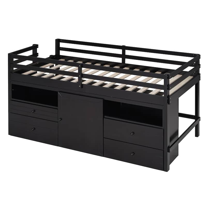Space-Saving Twin Loft Bed with Drawers, Cabinet, and Shelves in Espresso